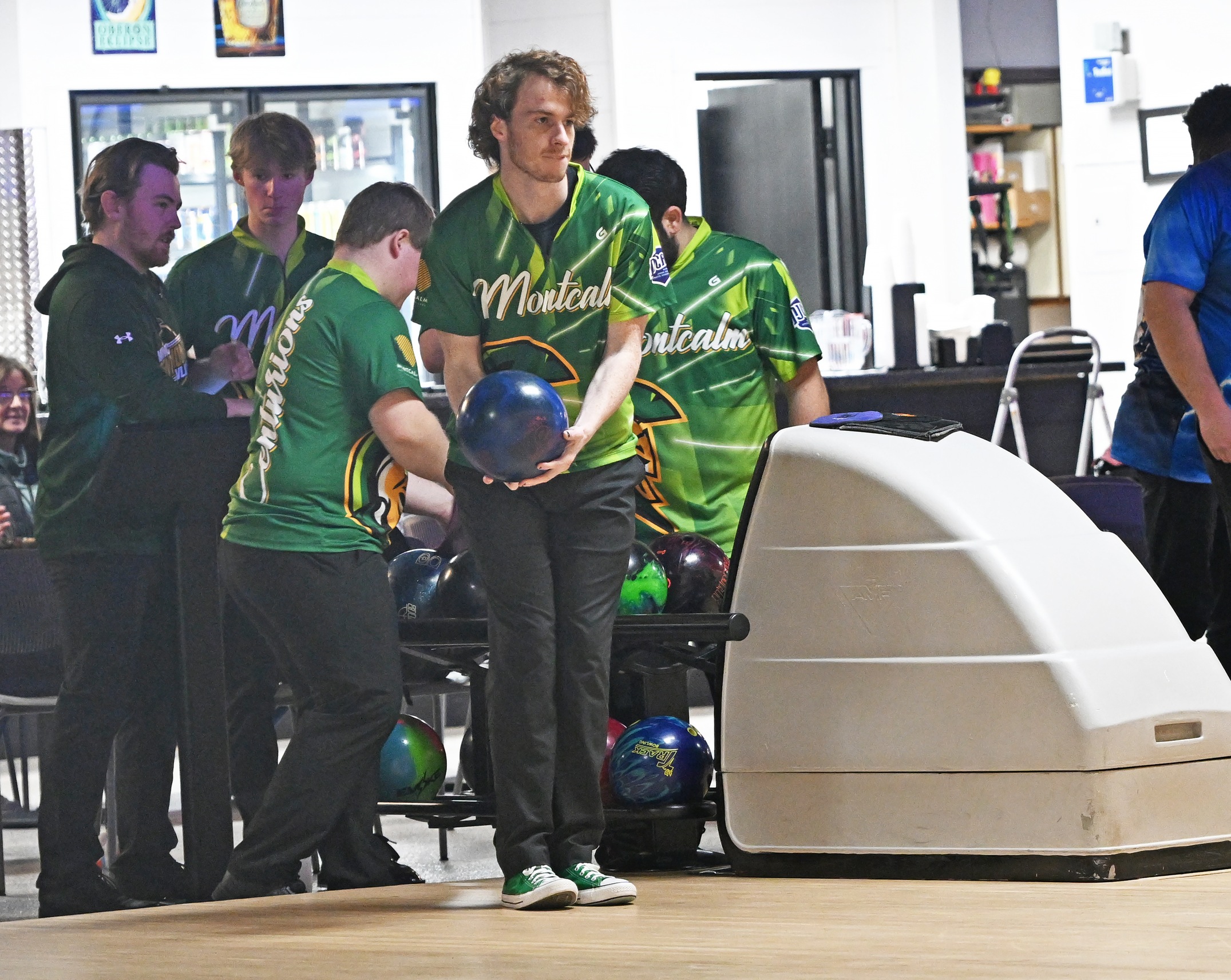 MCC men's bowler Ethan Hopkins preparing to release his bowling ball down the lane.
