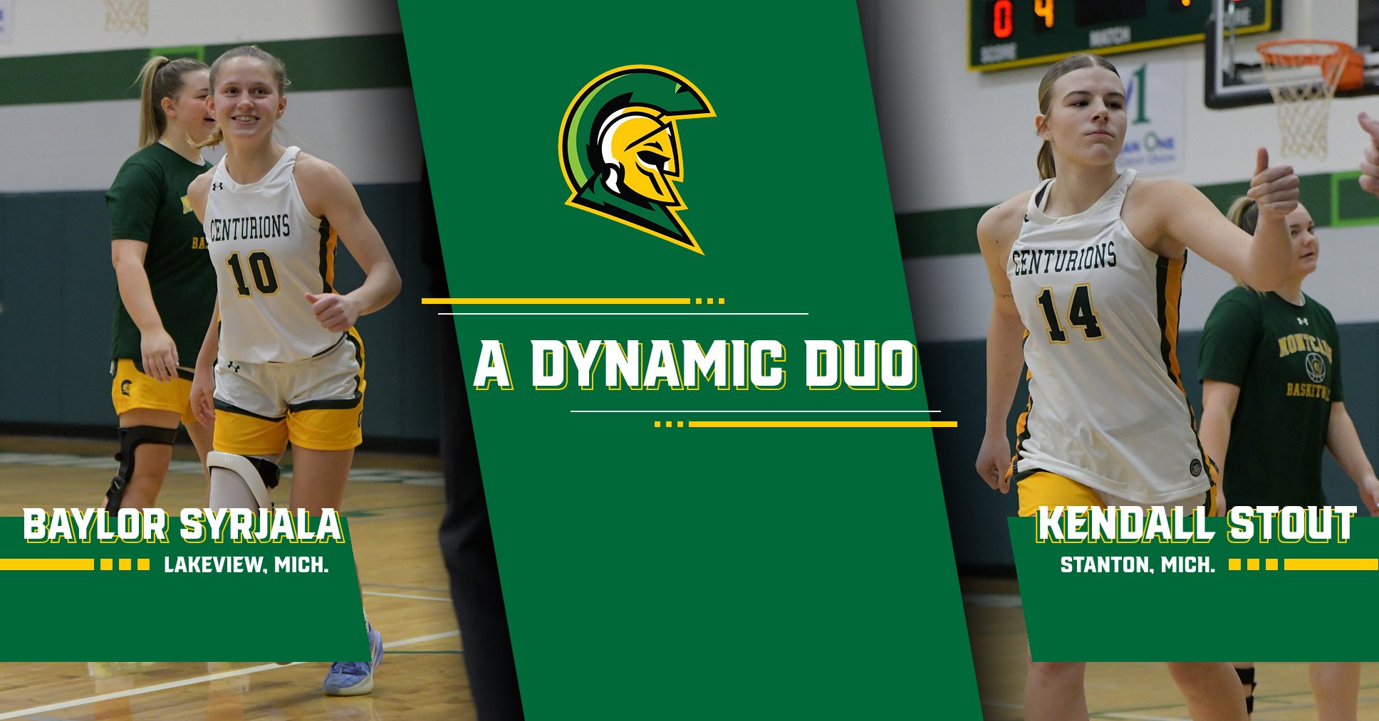 Graphic with pictures of Baylor Syrjala and Kendall Stout in their MCC women's basketball uniforms. Text in the center of the graphic says 
