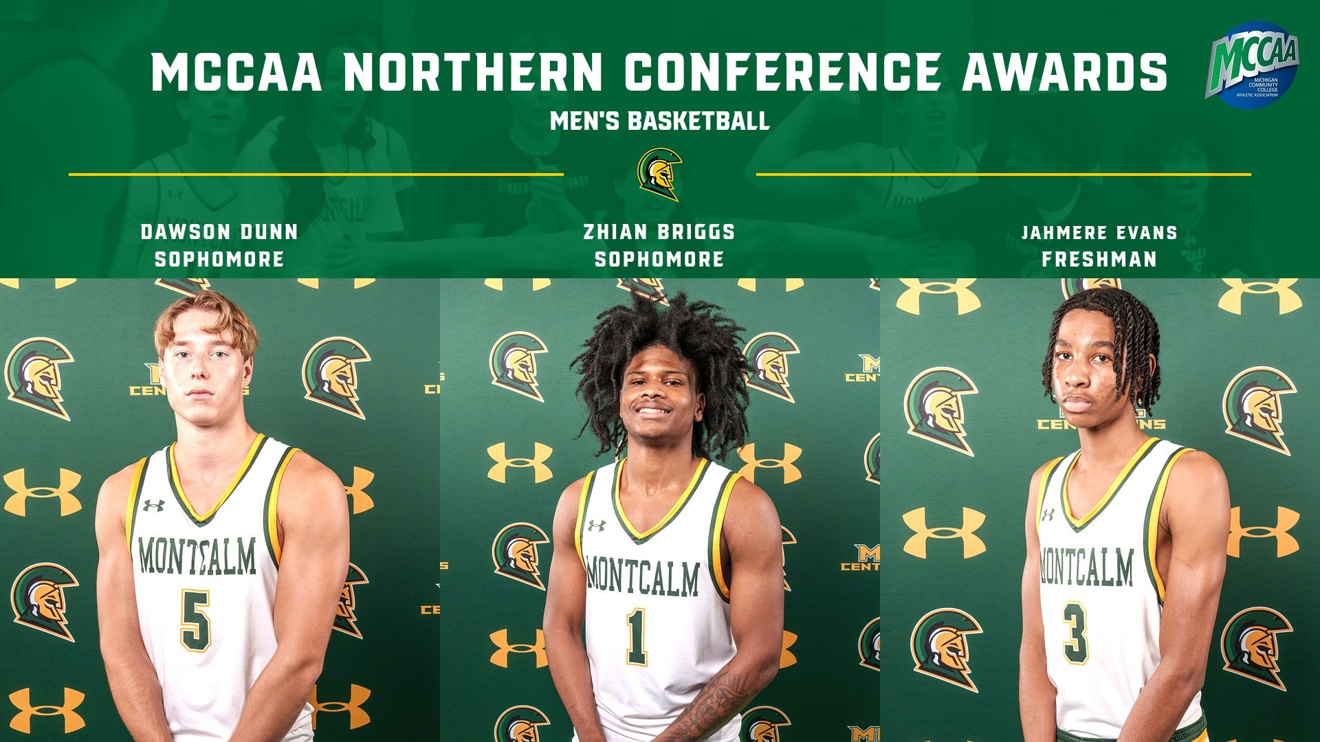 Graphic with photos of three men's basketball players and text that reads "MCCAA Northern Conference Awards"