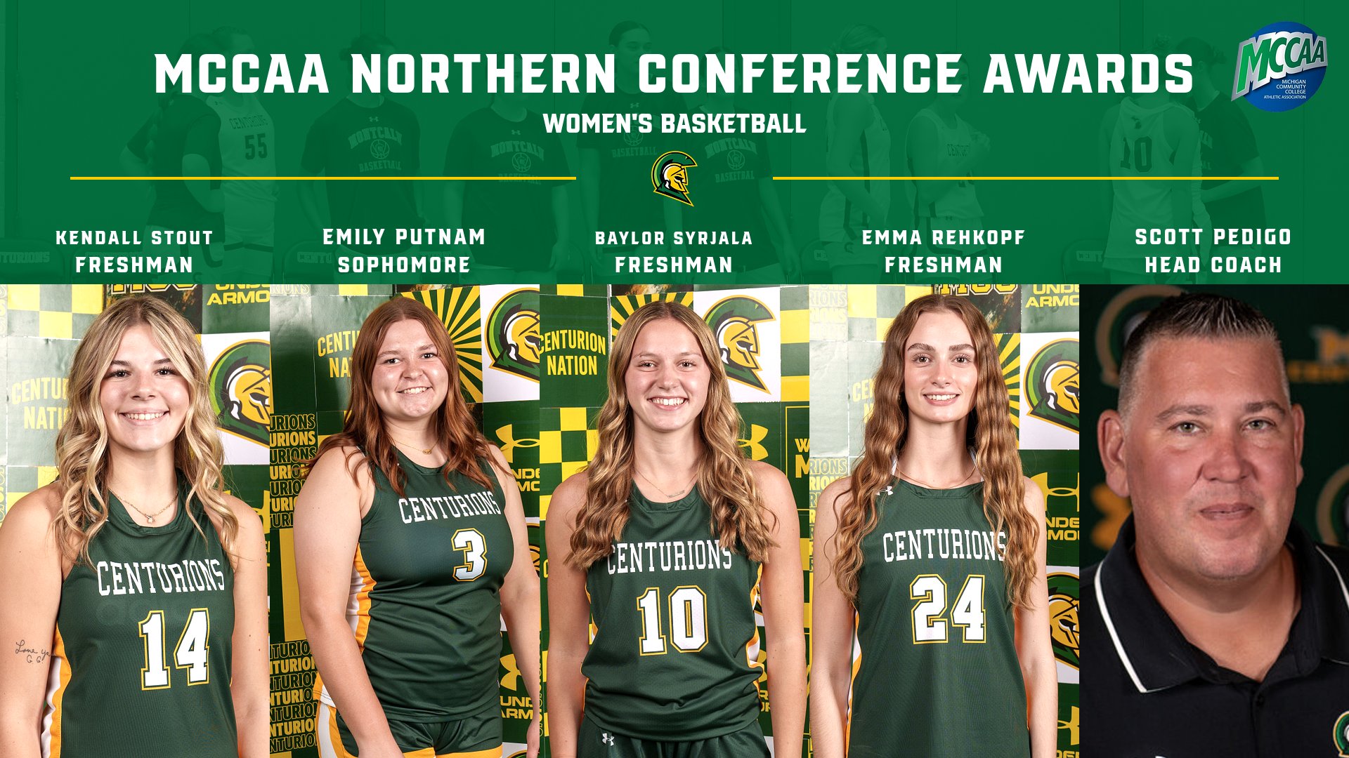 Graphic with image of four women's basketball players and head coach. Text on the graphic reads MCCAA Northern Conference Awards.