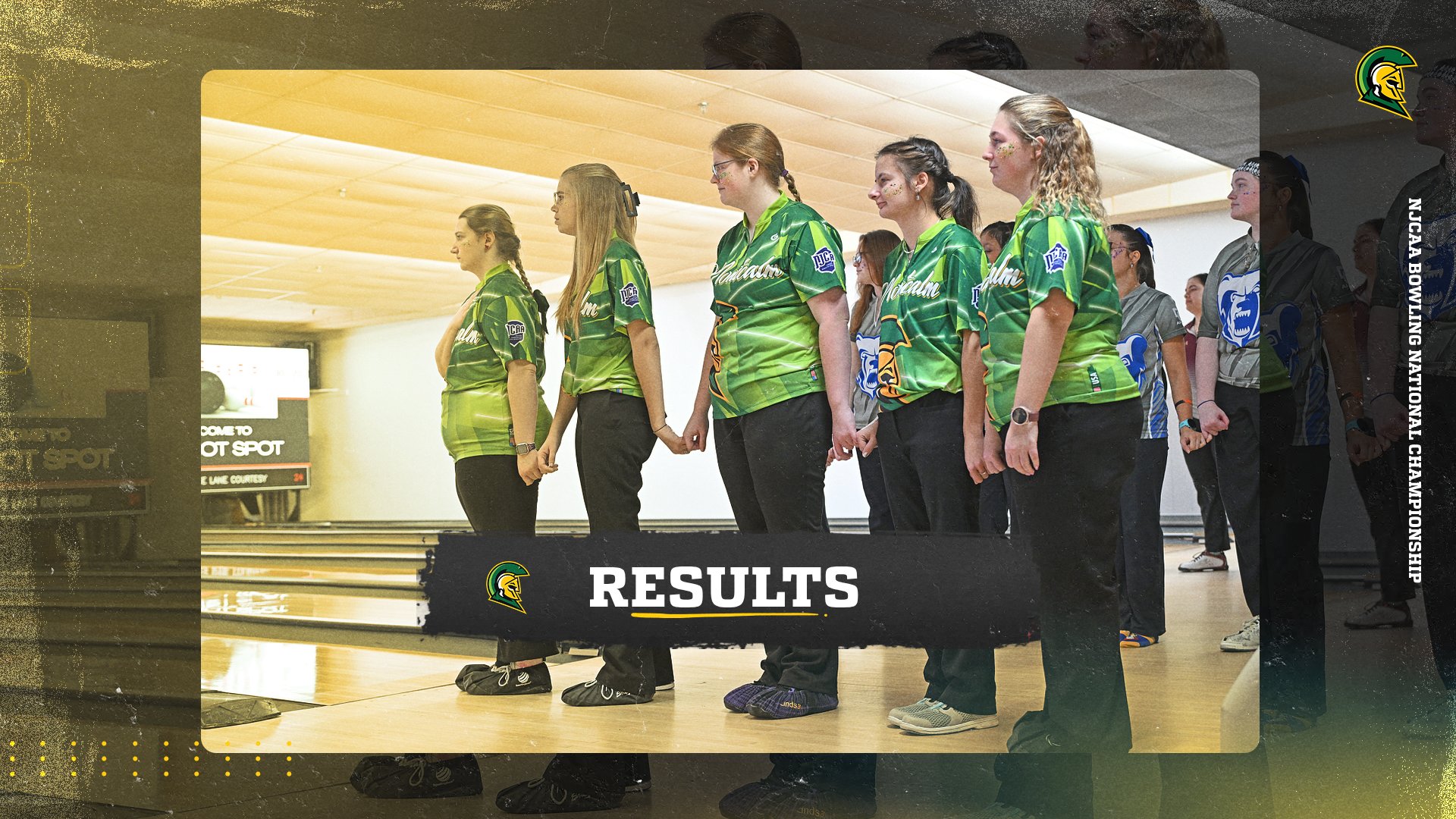 Women's bowling team standing in front of lanes holding hands. Text on the image reads "Results" 
