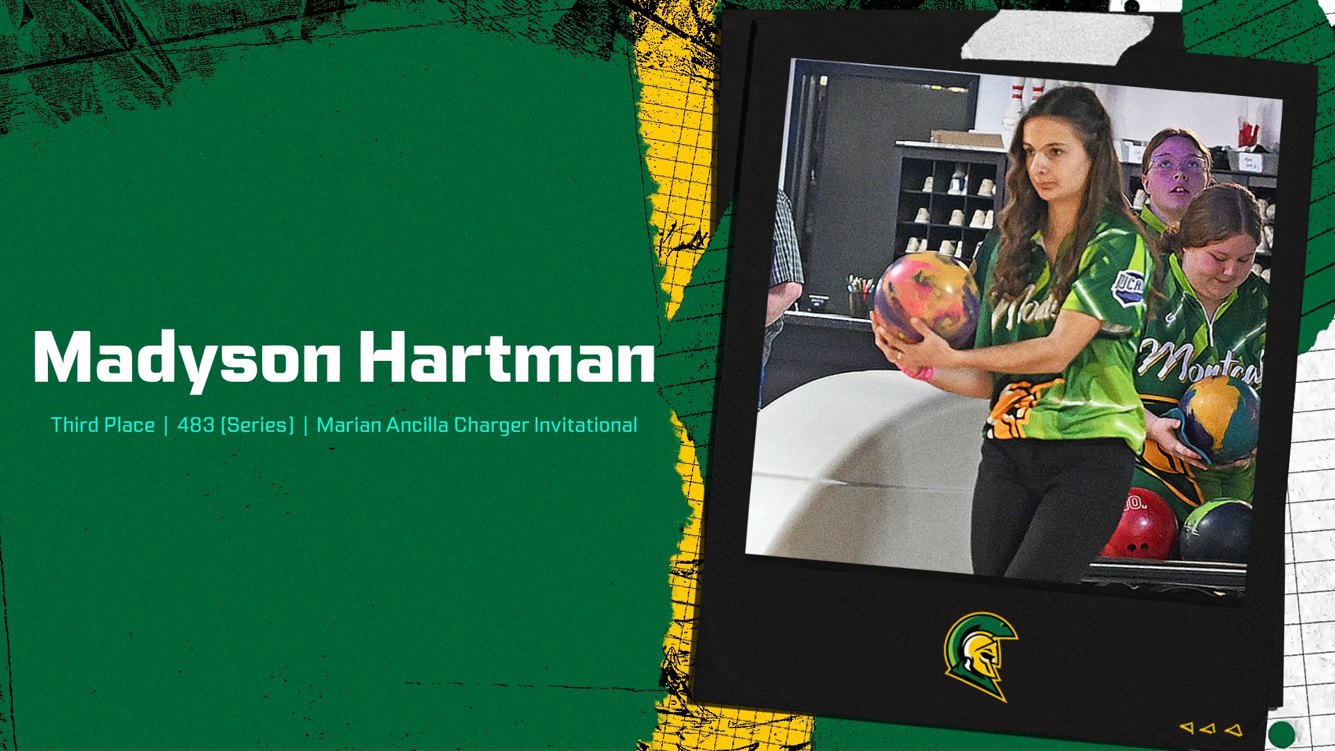 Photo of bowler Madyson Hartman preparing to throw the ball down the lane. 