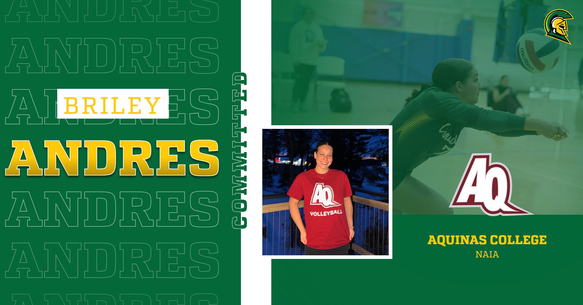 Graphic with image of Briley Andres wearing a red shirt with the Aquinas College logo on it. The graphic text reads "Briley Andres | Aquinas College NAIA"
