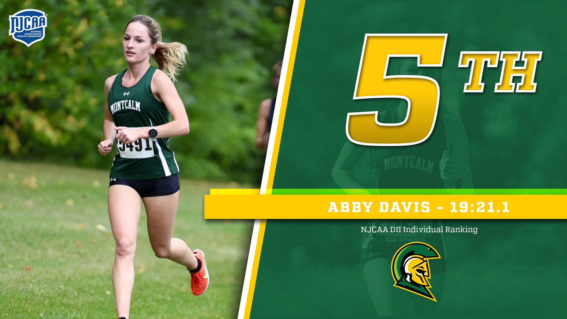 Photo of MCC Cross Country runner Abby Davis running on a course with words next to her that say 